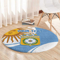 Sky blue round Argentina football rug with crest, sun rays, and custom text area