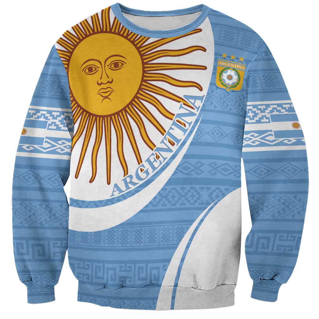 Sky blue unisex football sweatshirt with sun graphic and crest patch