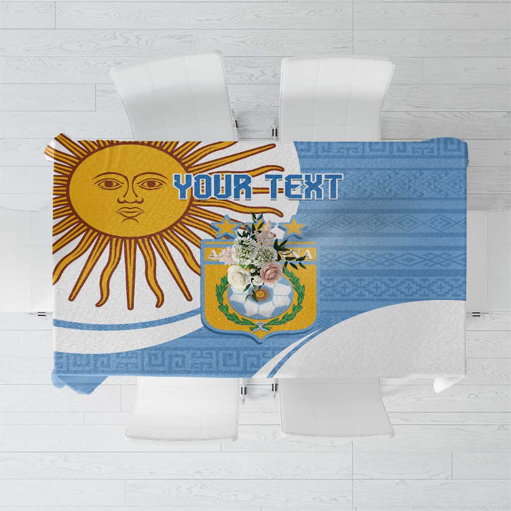 Sky blue Argentina football tablecloth with crest, sun artwork, and central panel design