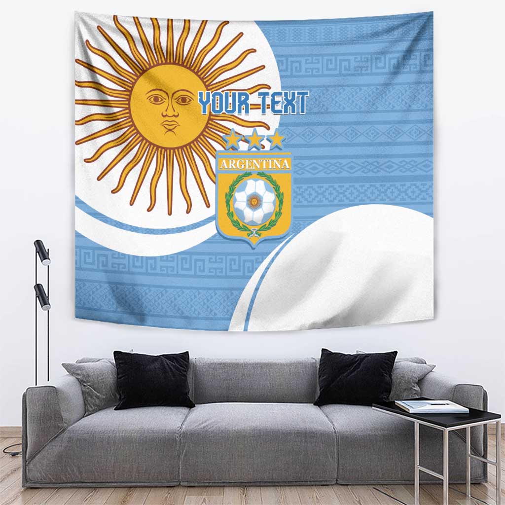 Sky blue Argentina-themed tapestry with sun rays, Argentina crest badge, and 'YOUR TEXT'