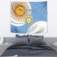 Sky blue and white Argentina crest tapestry with sun emblem and custom text area