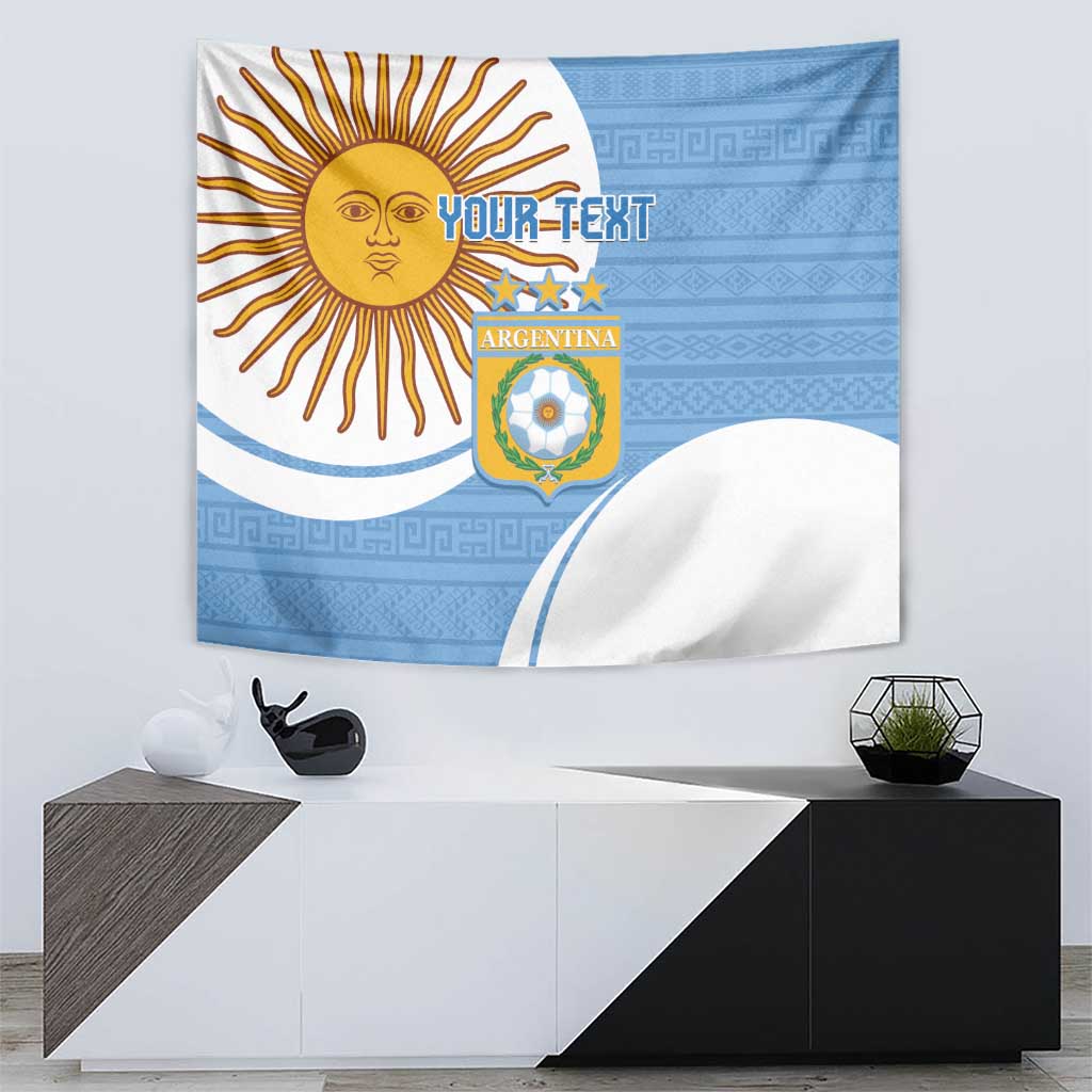 Sky blue and white flag tapestry with sun rays, Argentina crest, and 'YOUR TEXT' layout