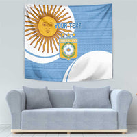 Sky blue Argentina flag tapestry showing sun icon, Argentina crest, and centered custom text
