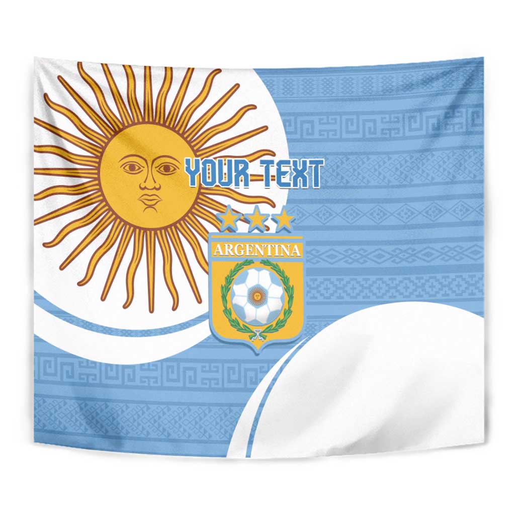 Close view sky blue and white Argentina flag tapestry with sun emblem, crest, and custom text