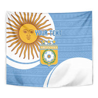 Close view sky blue and white Argentina flag tapestry with sun emblem, crest, and custom text
