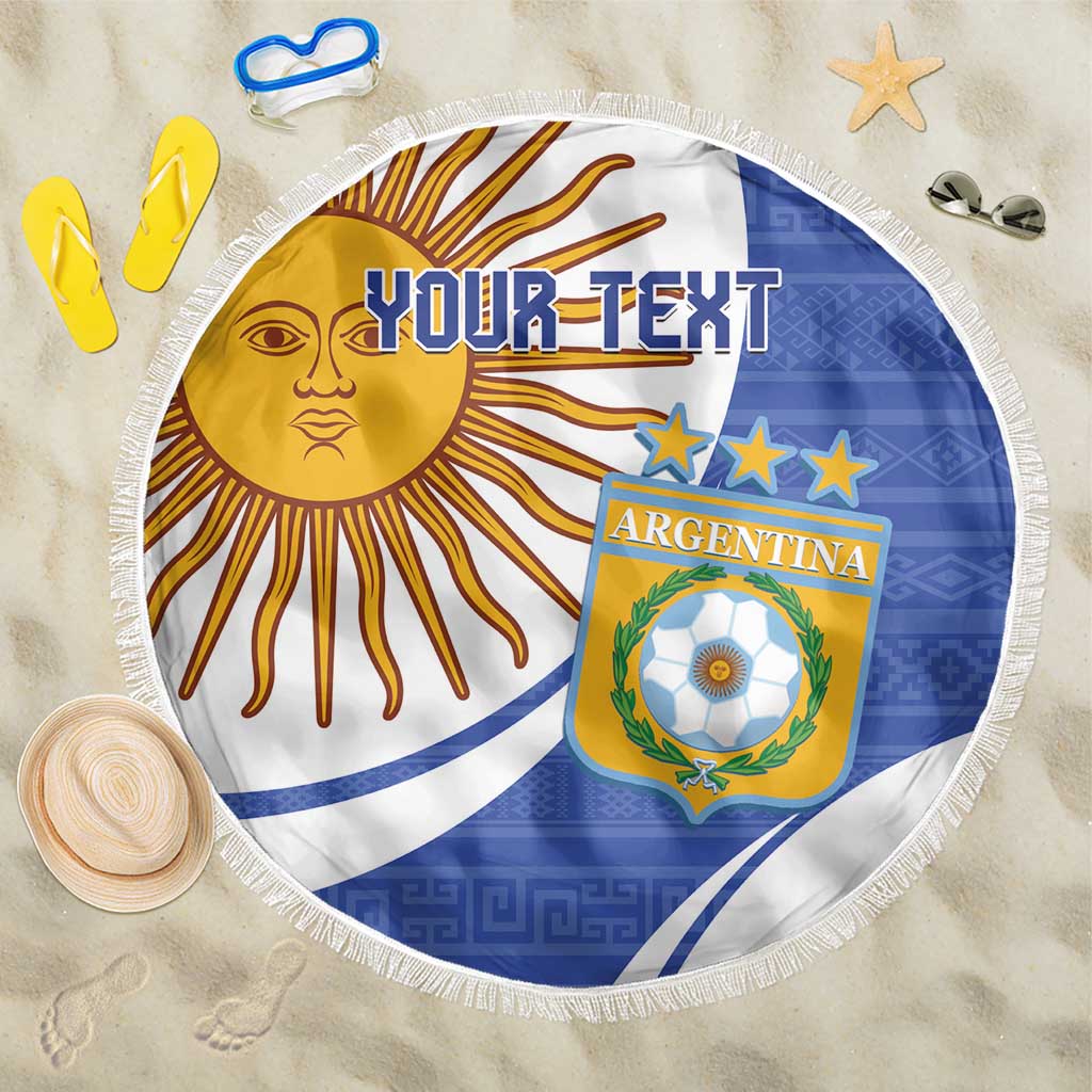 Navy round beach blanket with fringe, Argentina crest and 'YOUR TEXT' over sun-ray graphic.