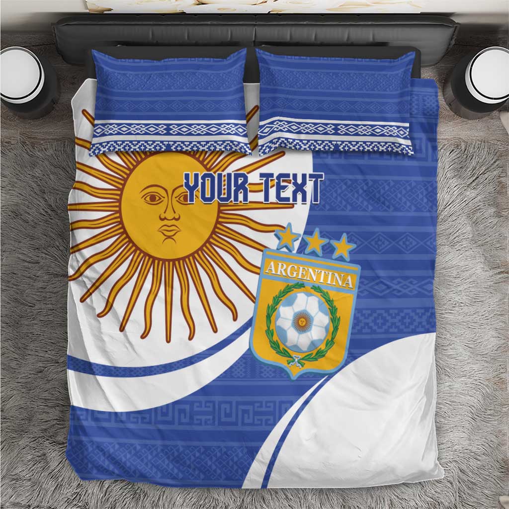 Argentina-themed bedding set, blue and white sun face with “YOUR TEXT” and team crest