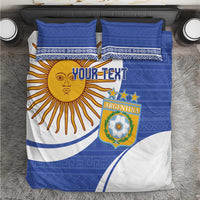 Argentina-themed bedding set, blue and white sun face with “YOUR TEXT” and team crest