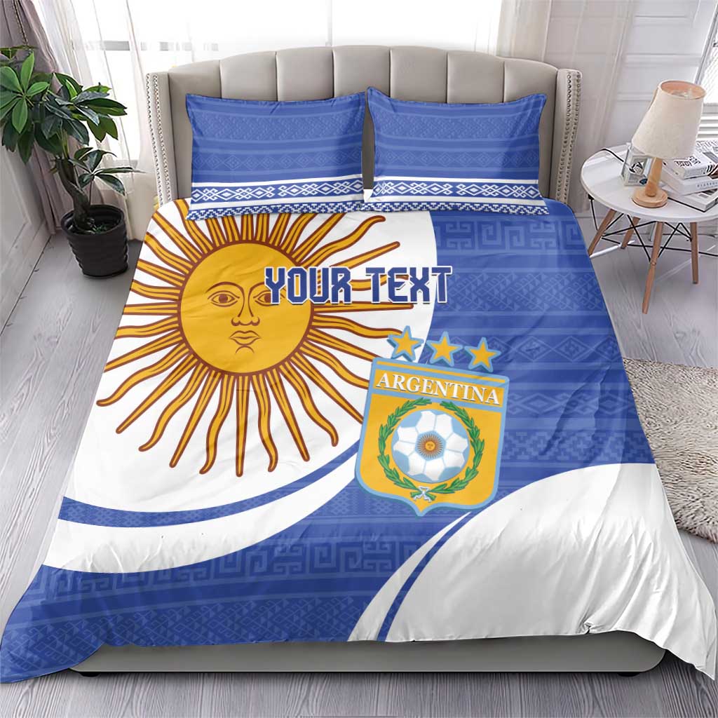Argentina-themed bedding set with blue and white sun face, “YOUR TEXT,” and Argentina crest