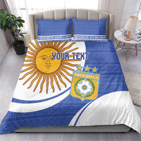 Argentina-themed bedding set with blue and white sun face, “YOUR TEXT,” and Argentina crest