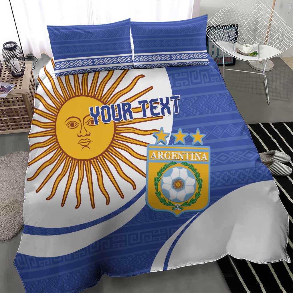 Argentina-themed bedding set in blue and white with sun face, “YOUR TEXT,” and Argentina crest