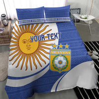 Argentina-themed bedding set in blue and white with sun face, “YOUR TEXT,” and Argentina crest