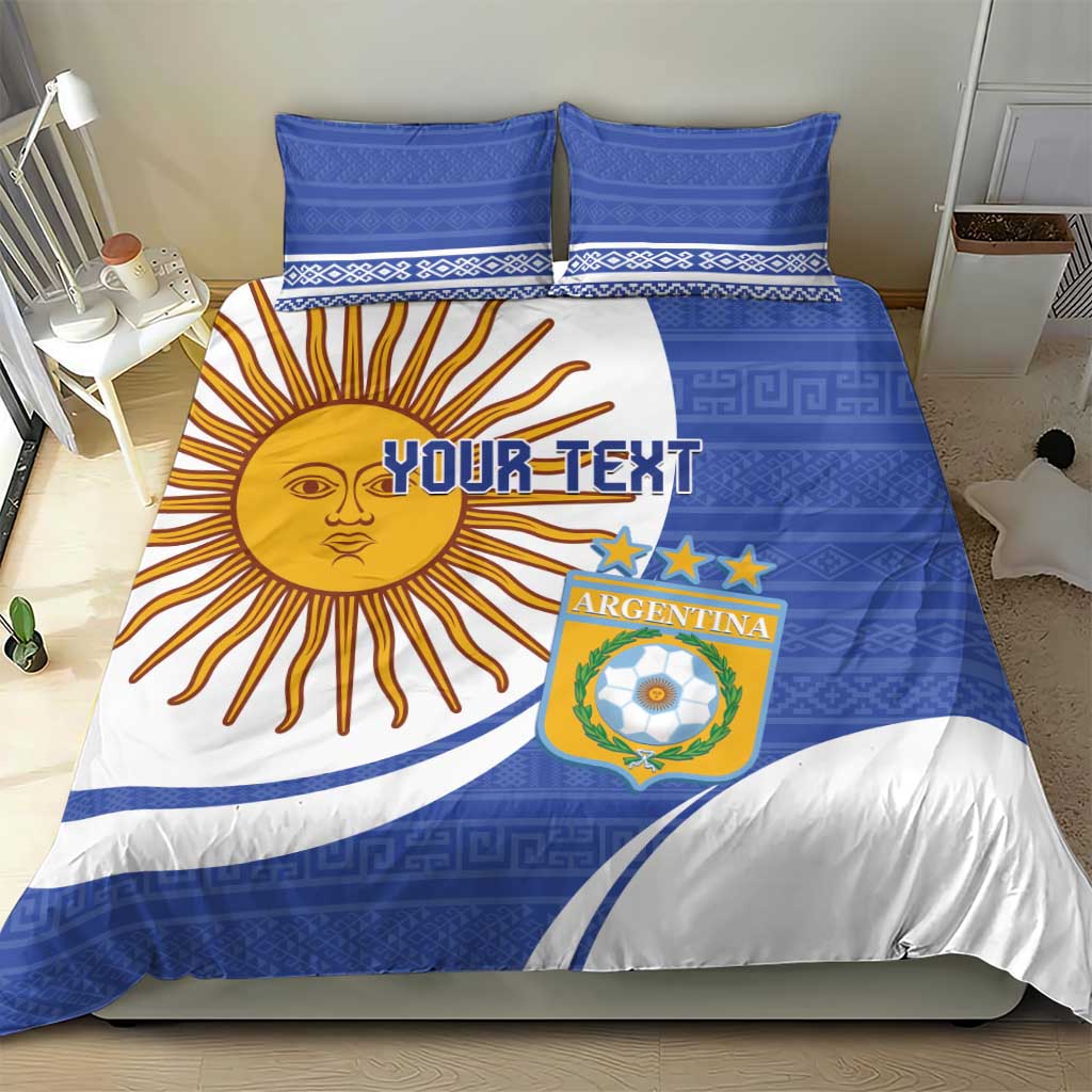 Argentina-themed bedding set with blue patterned top, white panels, and crest graphic