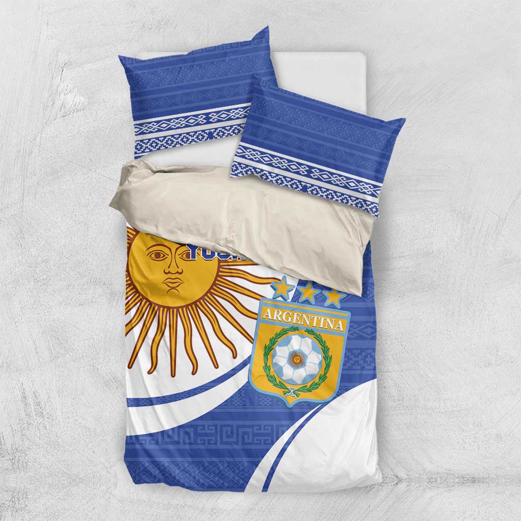 Argentina-themed bedding set with coordinating pillowcases; blue, white sun face and crest