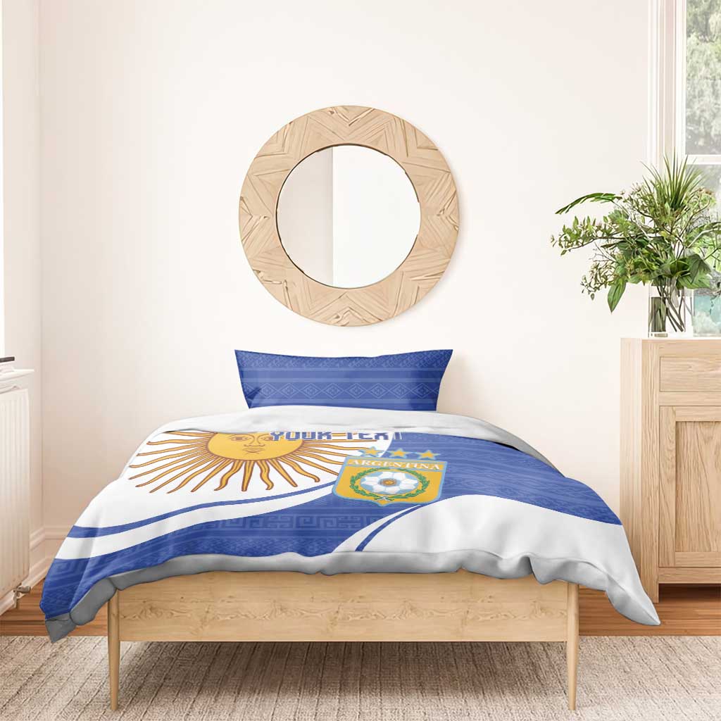 Argentina-themed bedding set on wooden bed frame, blue-and-white sun and crest design