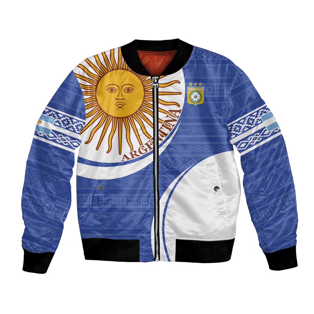 Unisex blue football bomber jacket with zipper, black ribbed trim, sun and crest graphics