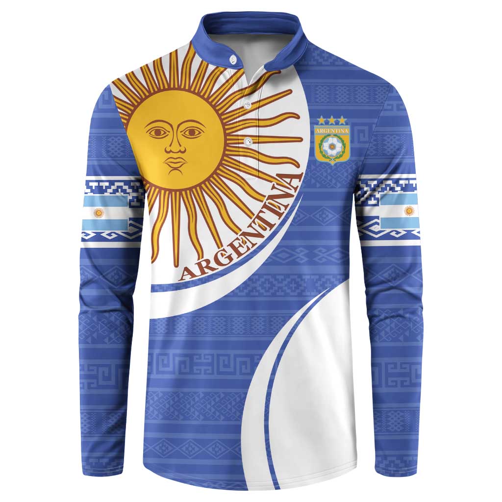 Navy button-front sweatshirt with Argentina sun emblem and blue patterned sleeves