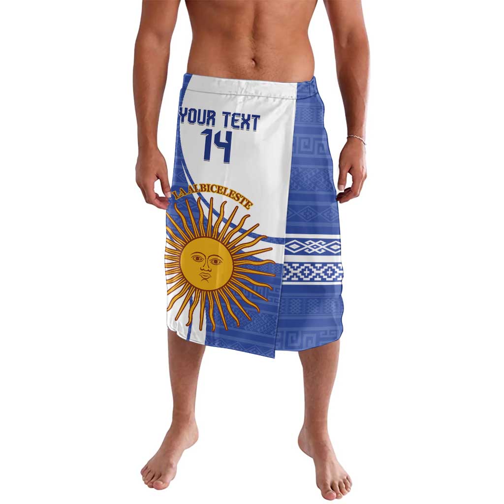 Argentina lavalava skirt in blue and white with sun emblem and custom text panel