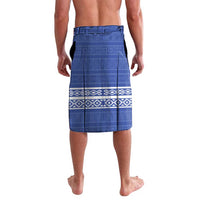 Blue lavalava skirt with geometric bands and dark waistband stitching