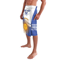 Blue and white lavalava wrap skirt with sun emblem and custom text, front view