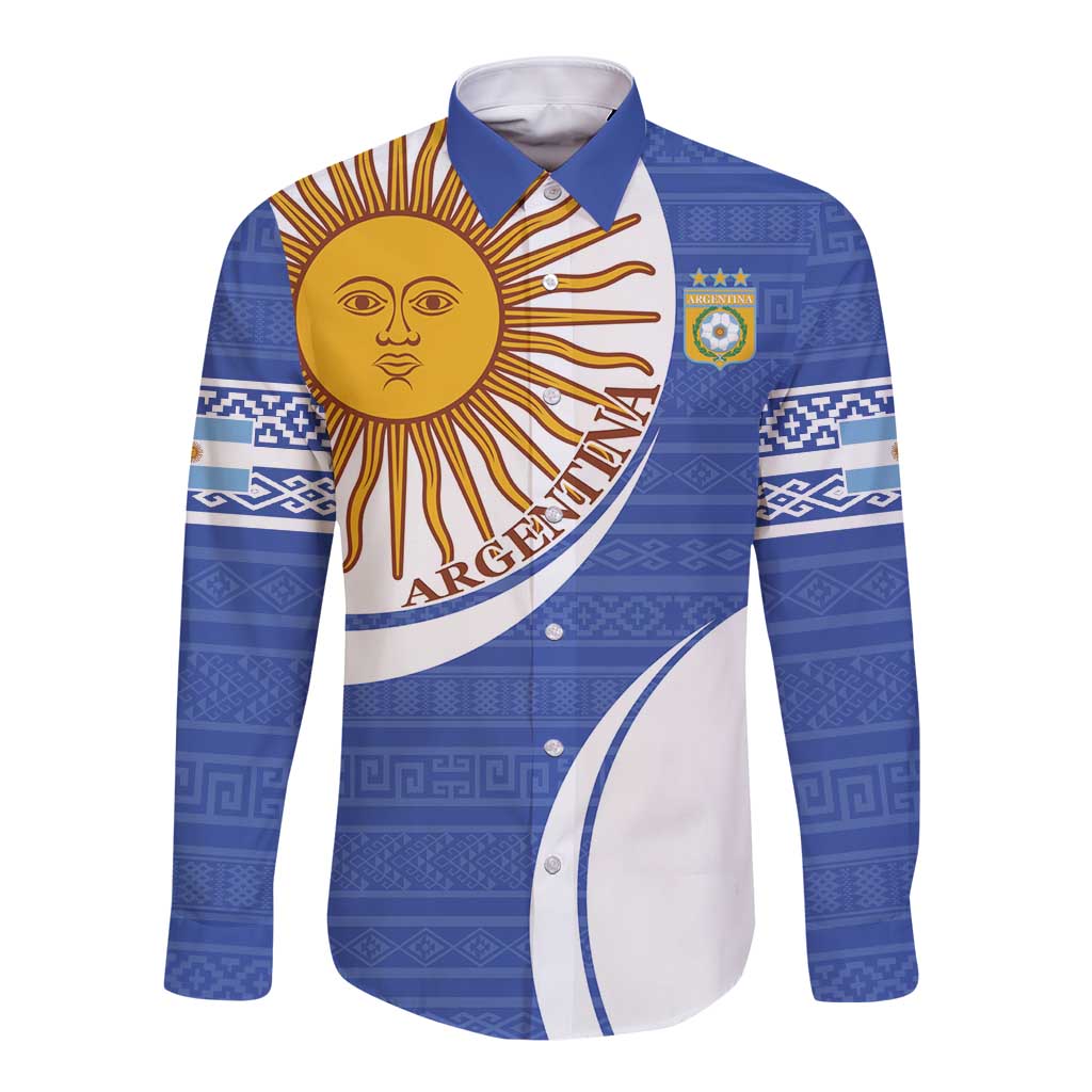 Custom Argentina football long sleeve button shirt, navy blue front with sun graphic