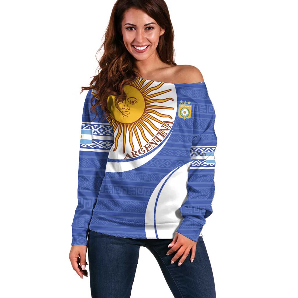 Custom Argentina Football Off Shoulder Sweater Vamos La Albiceleste - Navy Blue Version - Wonder Print Shop