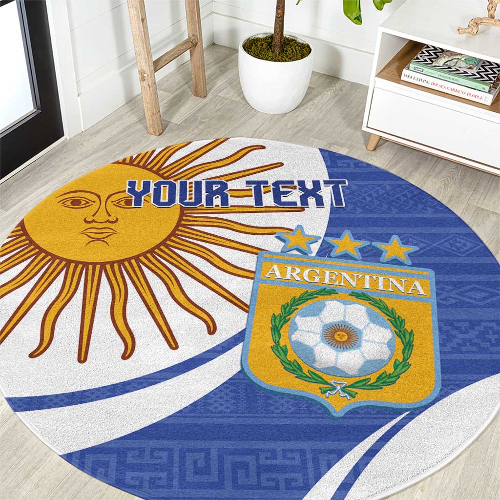 Round navy blue carpet rug with Argentina crest and "YOUR TEXT" sunburst graphic, border lines