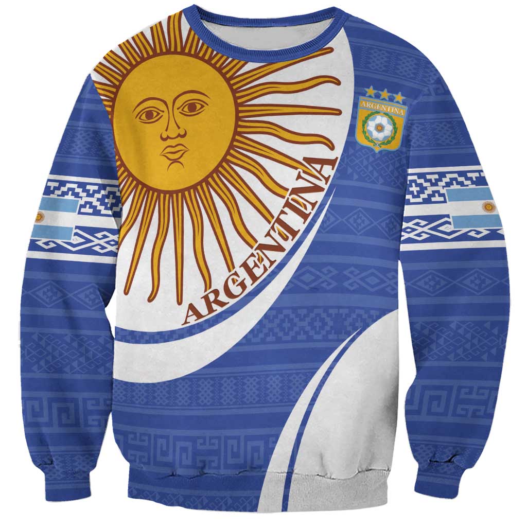 Navy blue Argentina football sweatshirt with sun graphic and white geometric panels