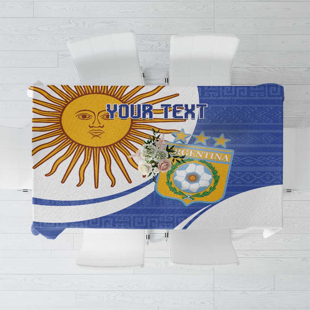 Navy and white tablecloth with Argentina crest, sun motif, and blue border stripes