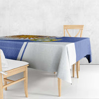 Navy and white rectangular tablecloth with diagonal stripe detail and crest graphic
