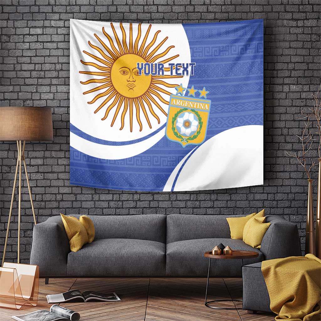 Navy and white Argentina football tapestry with sun emblem and Argentina crest.