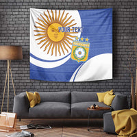Navy and white Argentina football tapestry with sun emblem and Argentina crest.