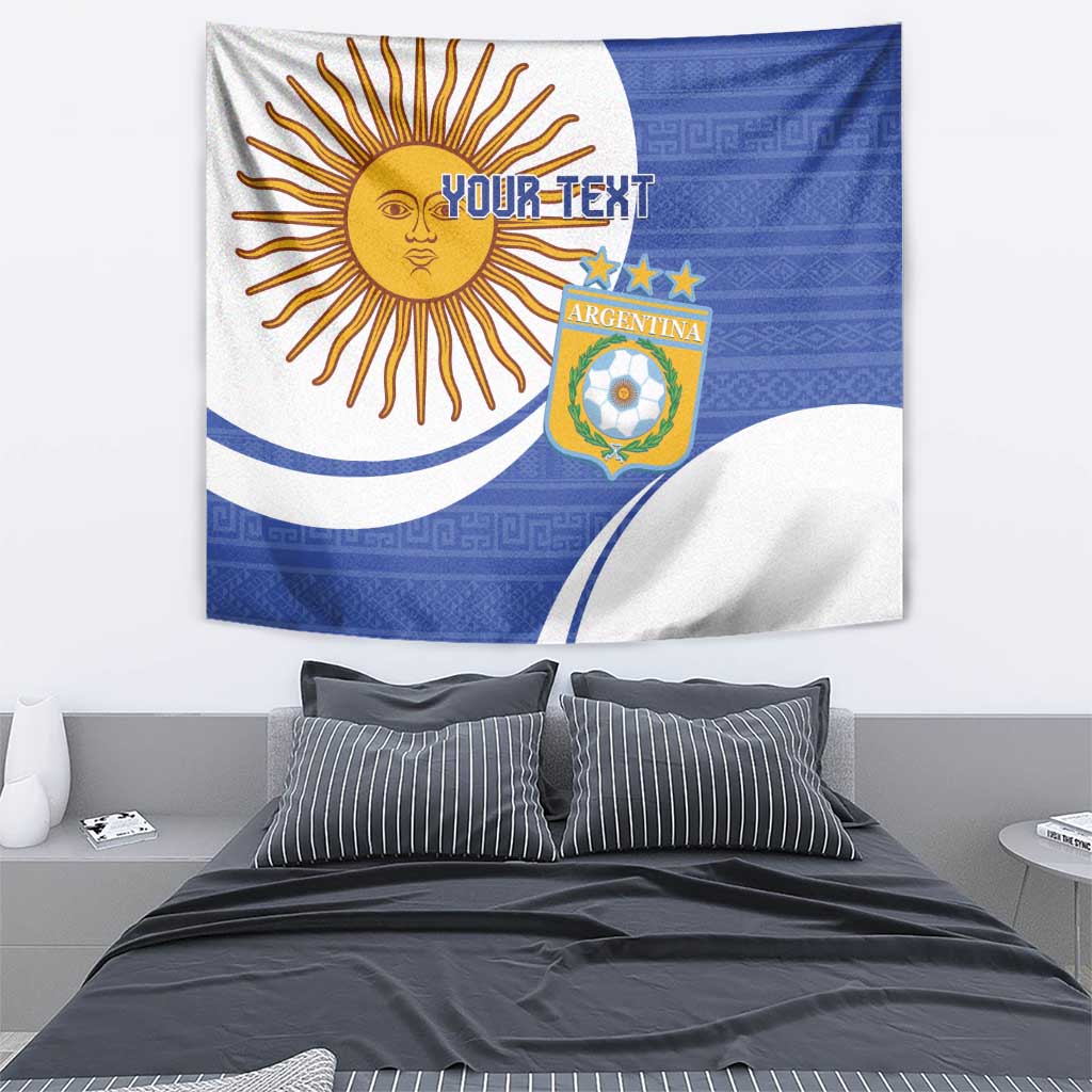 Navy and white Argentina football tapestry with sun emblem and crest, 'YOUR TEXT'.