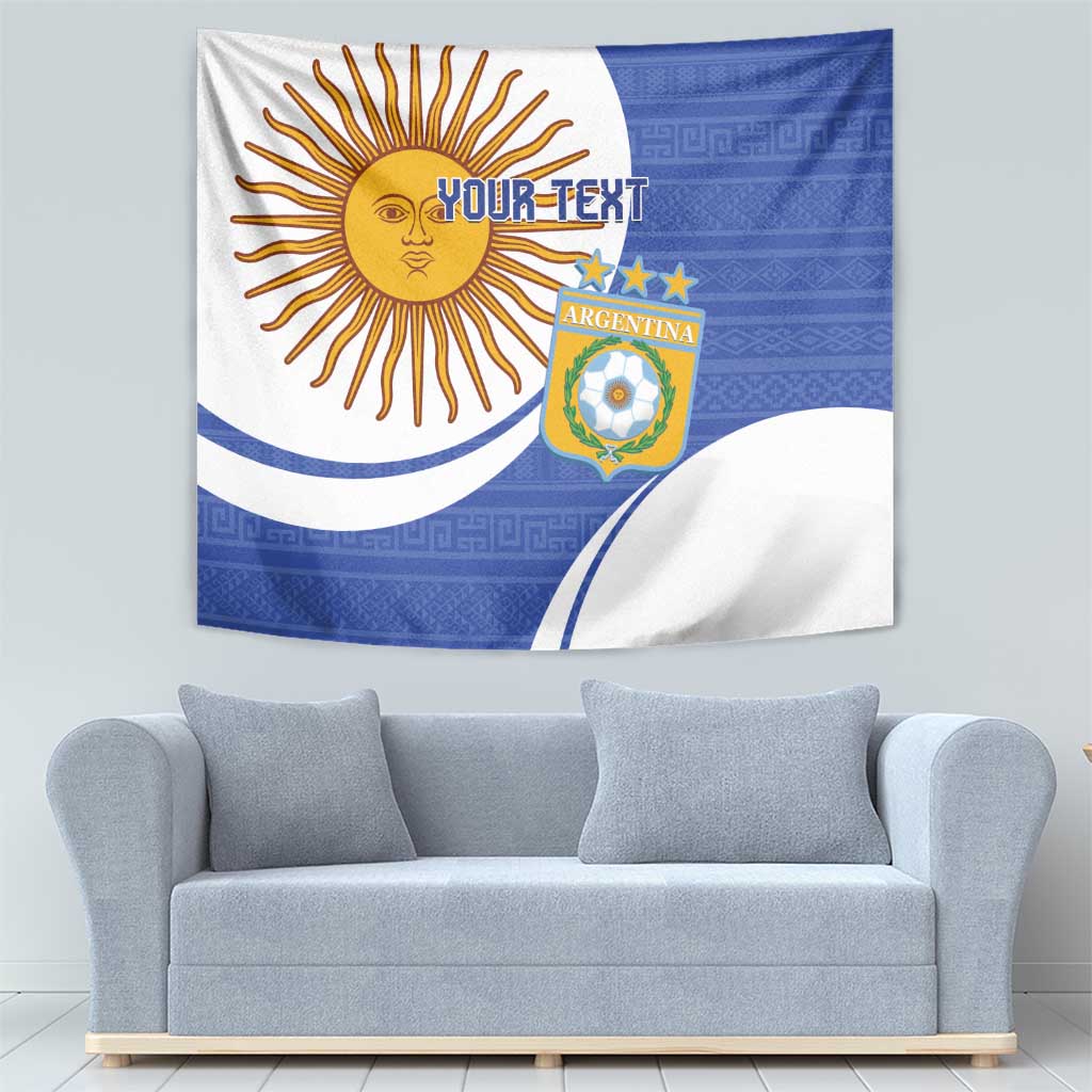 Navy and white Argentina football tapestry with sun emblem and crest, 'YOUR TEXT'.