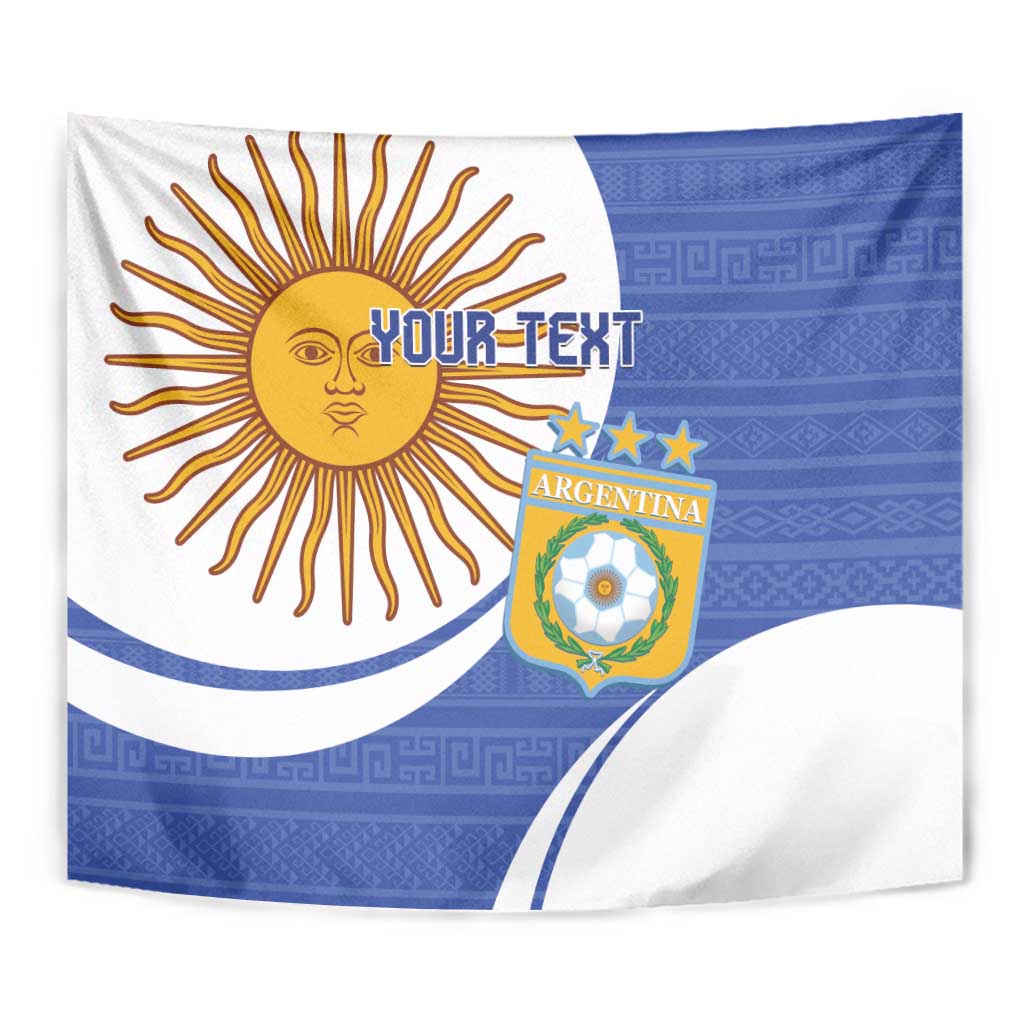 Navy and white Argentina football tapestry close view of sun emblem and crest.
