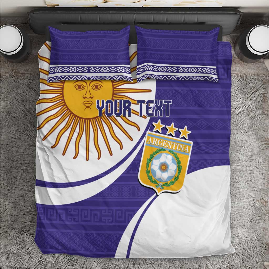 Purple Argentina football bedding set with sun face, YOUR TEXT, and crest