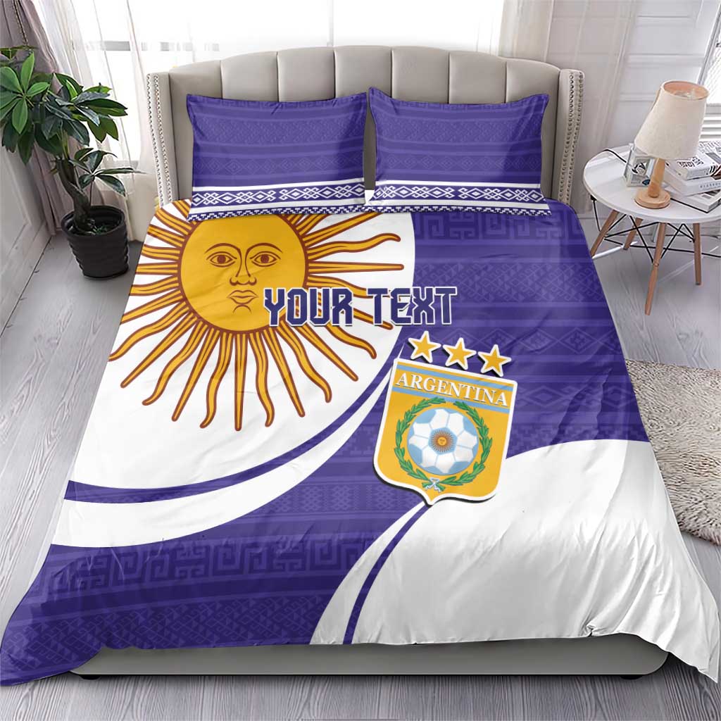 Purple Argentina football bedding set with sun face, YOUR TEXT, crest, and pillowcases