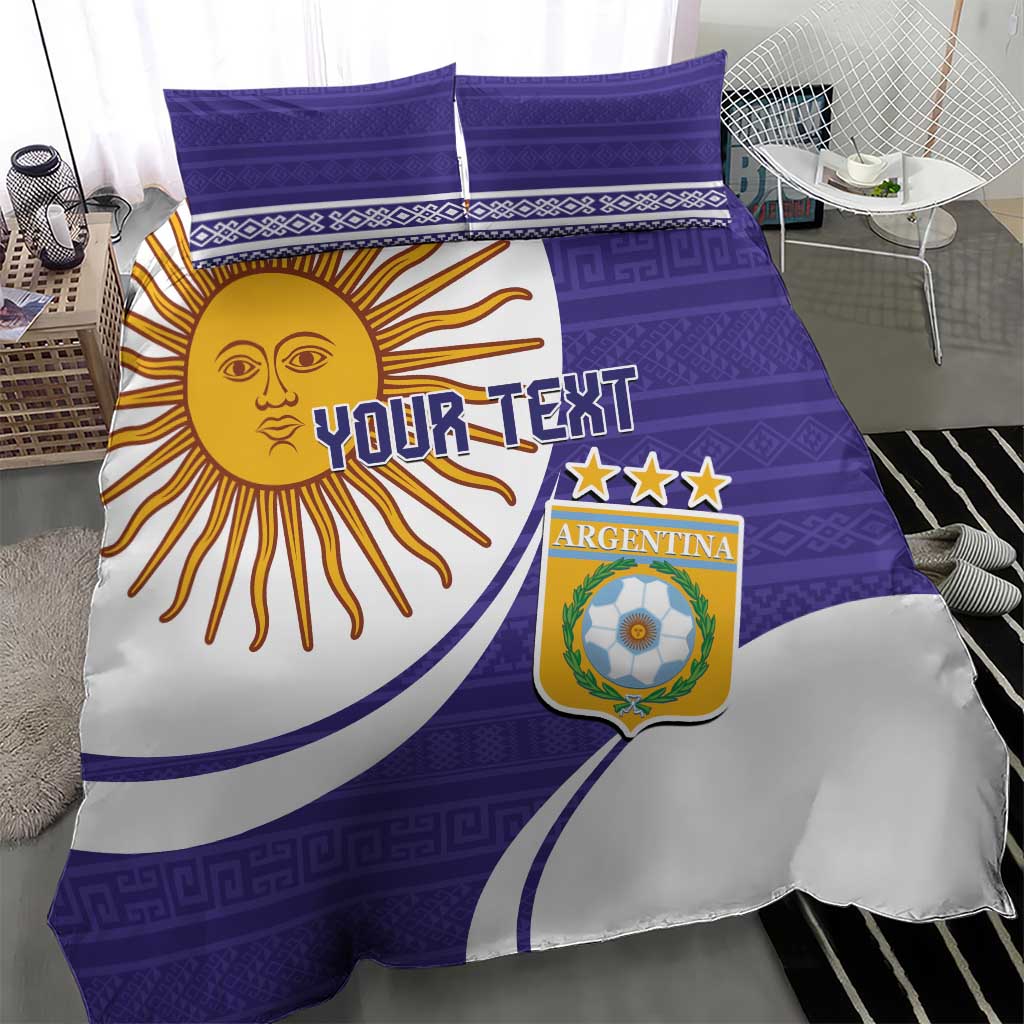 Purple Argentina football bedding set with sun face, YOUR TEXT, and Argentina crest
