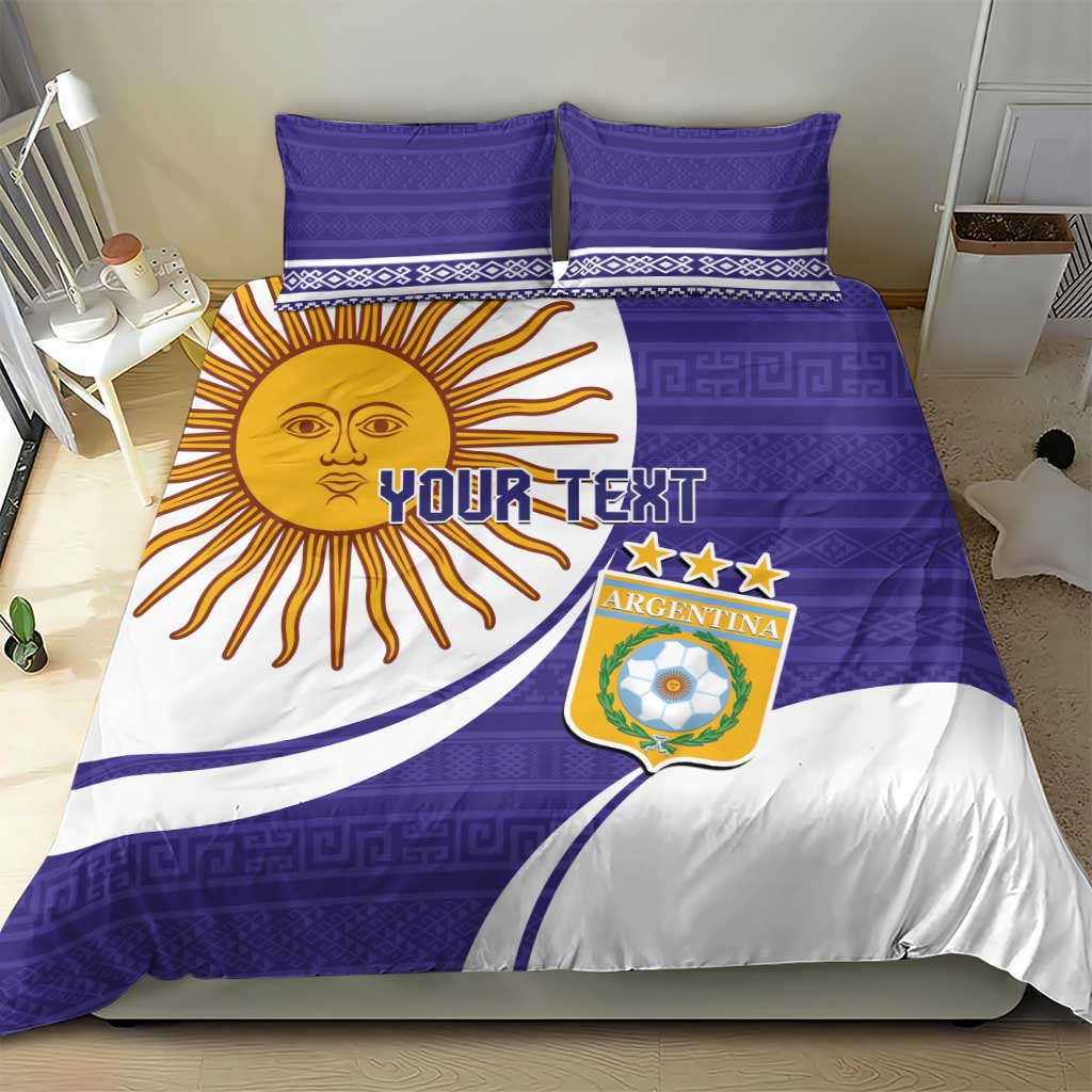 Purple Argentina football bedding set featuring sun face, YOUR TEXT, and Argentina crest