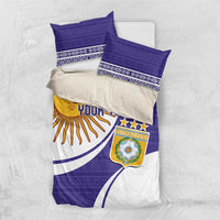 Purple Argentina football bedding set with sun face, YOUR TEXT, crest, and matching pillowcases