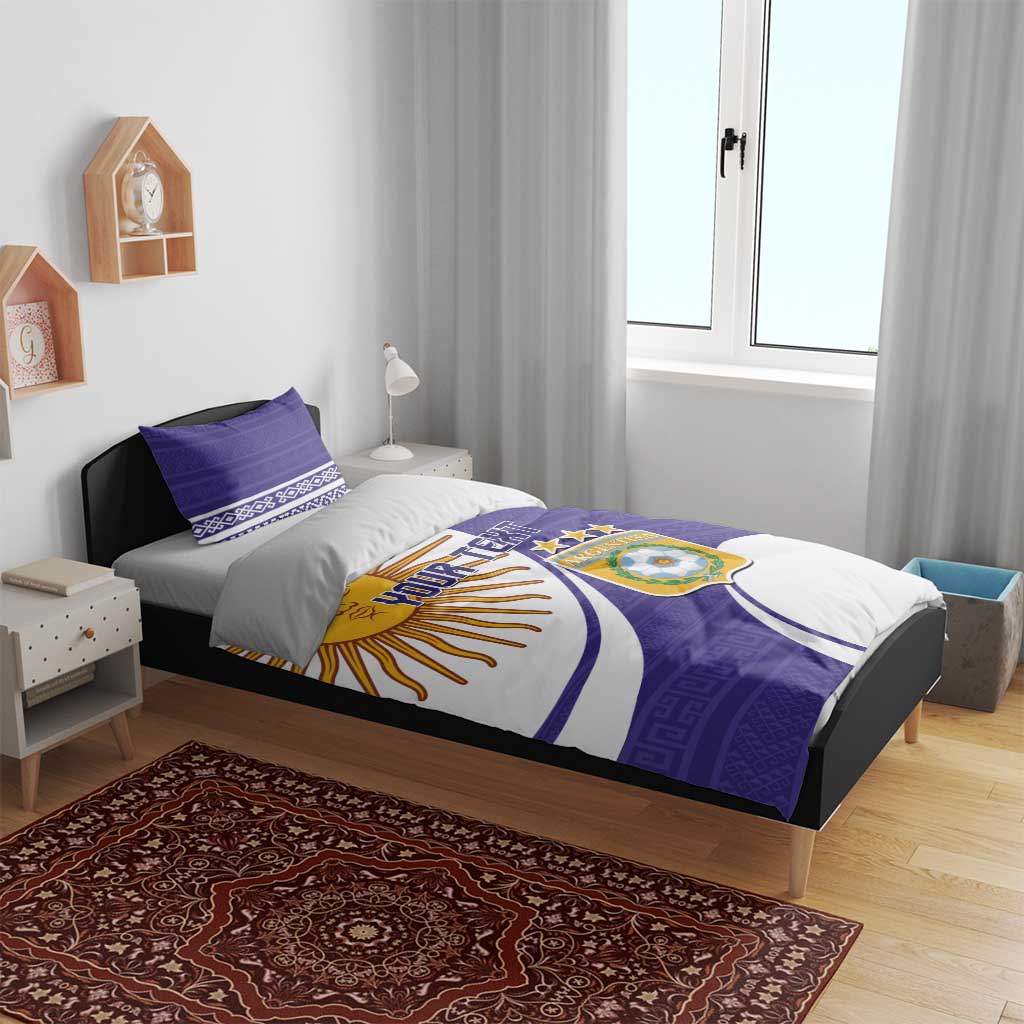 Purple Argentina football duvet and pillowcases with sun face, YOUR TEXT, and crest