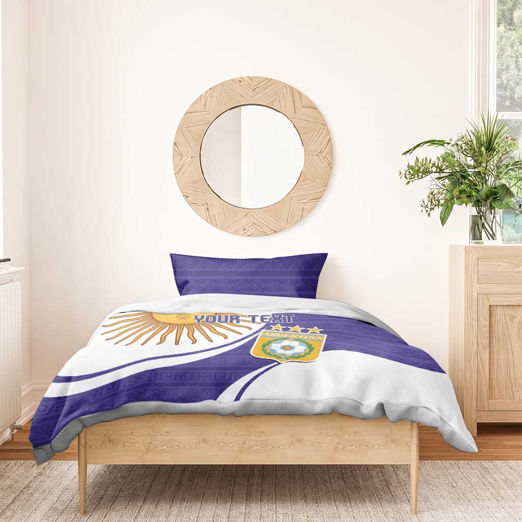Purple Argentina football bedding set with sun face, YOUR TEXT, and Argentina crest
