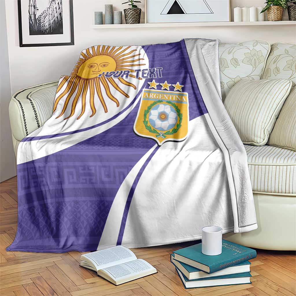 Purple and white Argentina football blanket with sun face, crest, and Your Text on bed