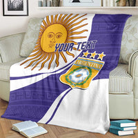 Purple and white Argentina football blanket on sofa with sun emblem, stars, and Your Text