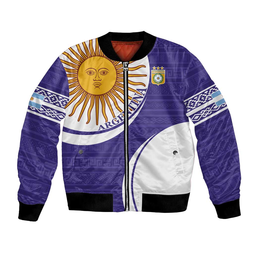 Purple football bomber jacket with white panels, ribbed collar, zipper, Argentina sun crest