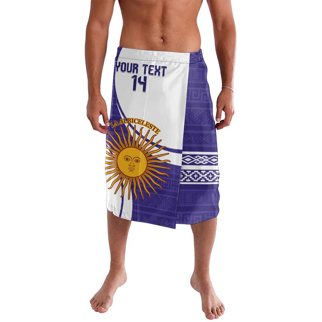 Purple and white football lavalava with geometric bands, sun emblem, and 'YOUR TEXT 14'