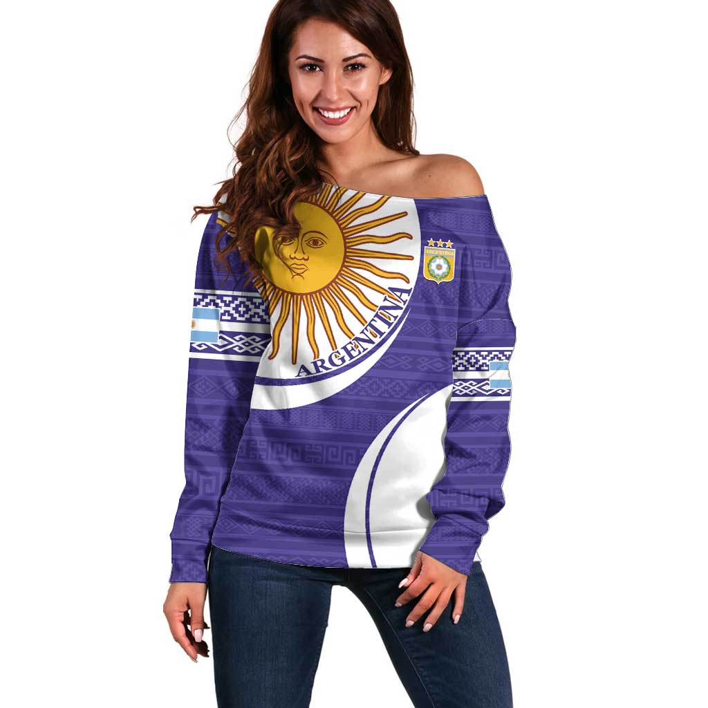 Custom Argentina Football Off Shoulder Sweater Vamos La Albiceleste - Purple Version - Wonder Print Shop