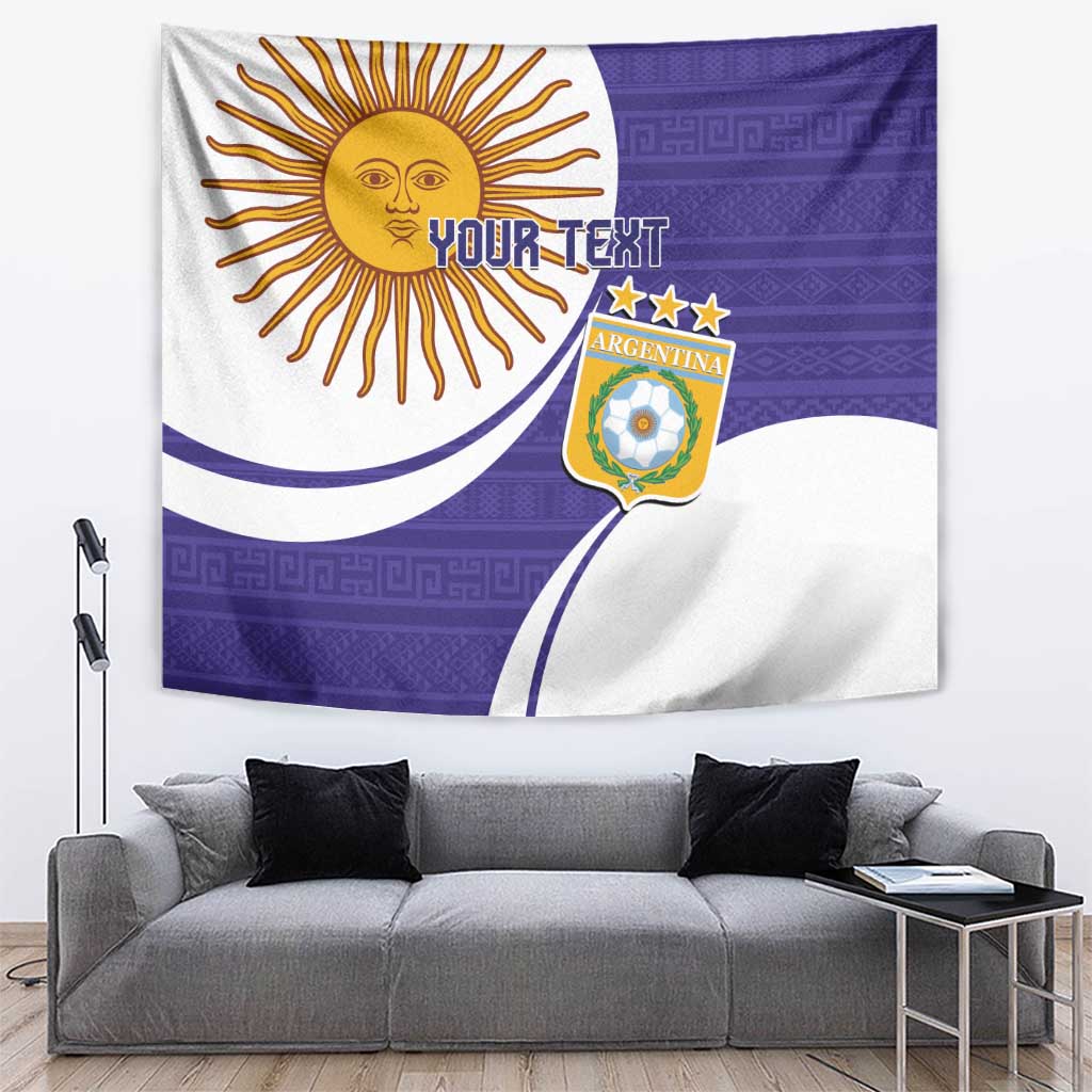 Purple and white Argentina football-themed tapestry with sun, shield crest, and three stars