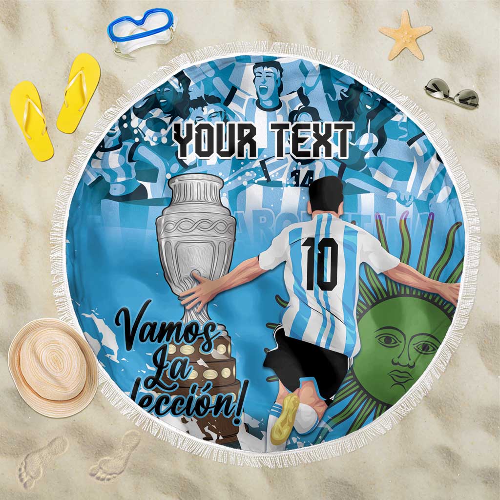 Round blue beach blanket with white fringe, Argentina football design and “Your text”.
