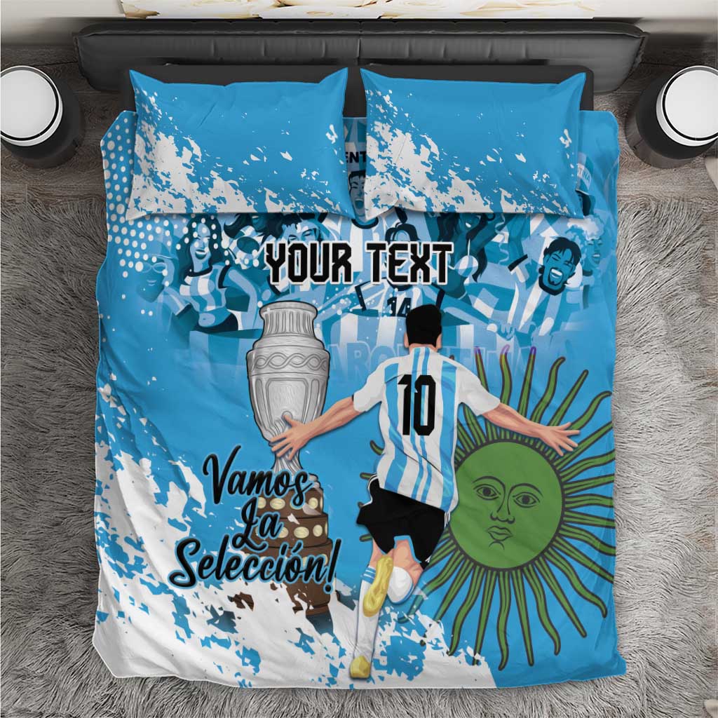 Blue Argentina football bedding set with two pillowcases, graphic player and crest art